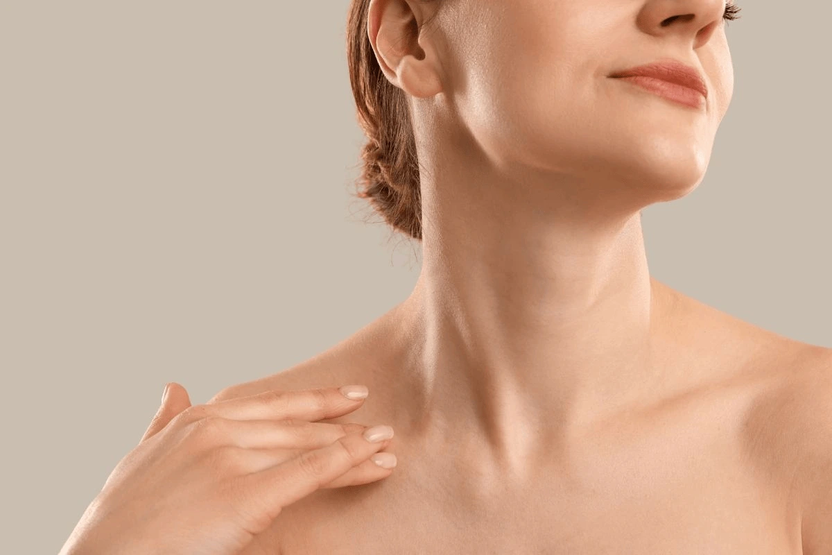 Beautiful woman with healthy neck & decollete skin.