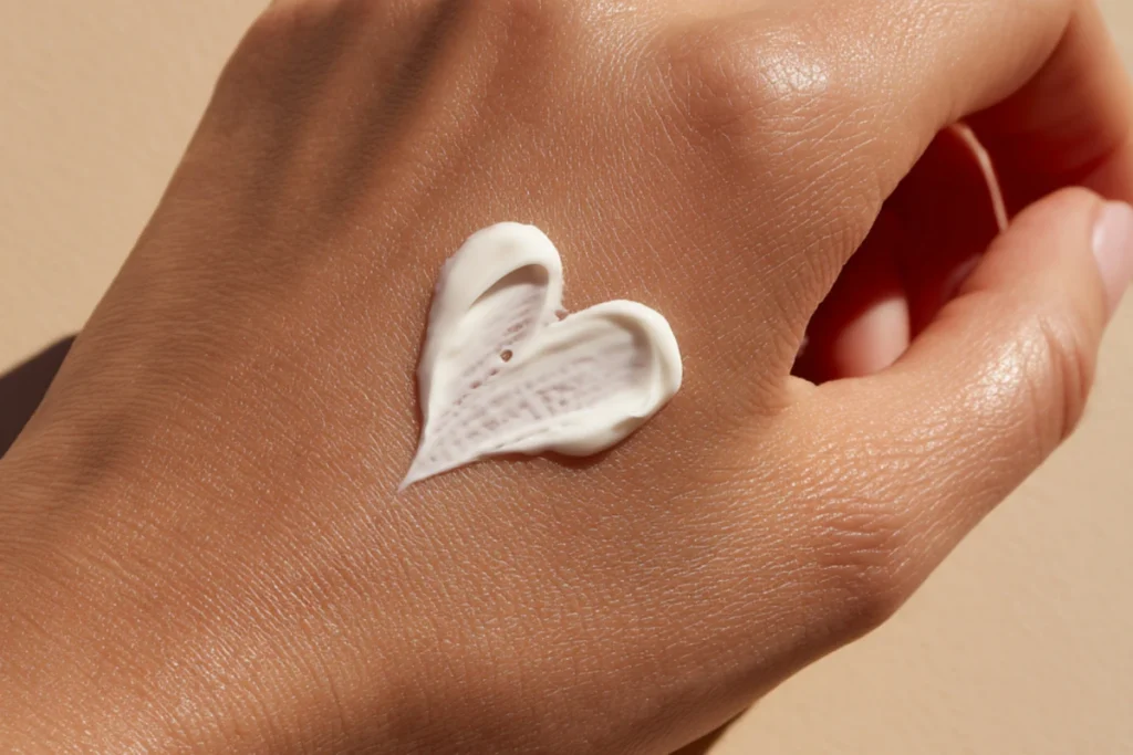 Woman with heart shaped moisturizer on her hand.