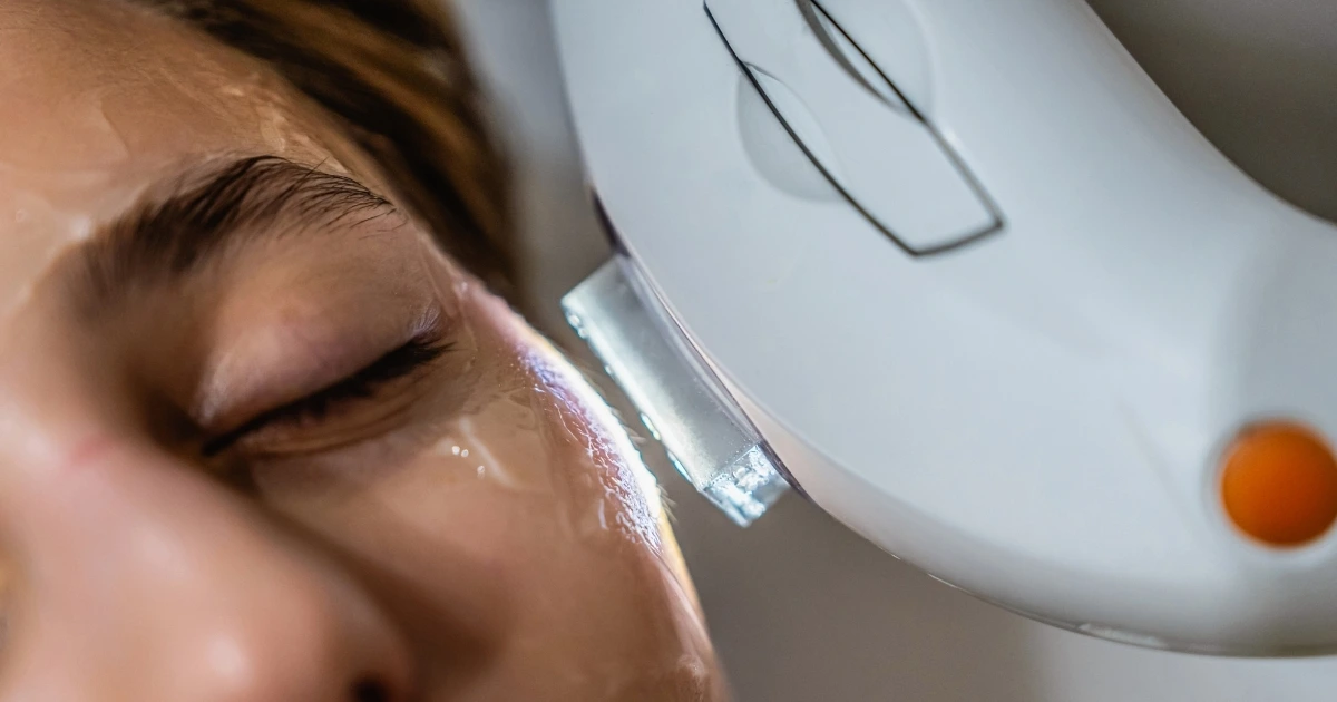 Woman having an IPL Treatment on her face.