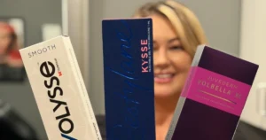 Our nurse holding three different kinds of filler at Collab Medspa.